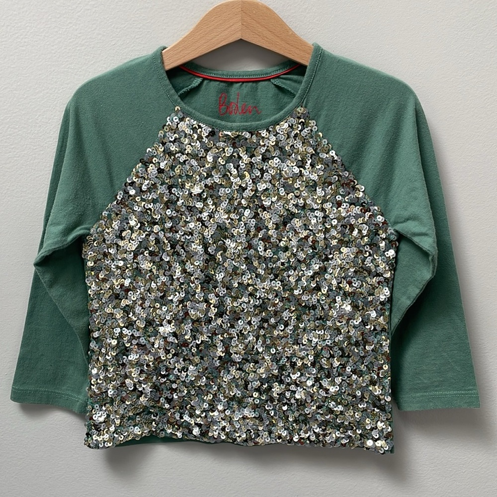 Boden Green with Gold Sequin Long Sleeve TopSize 3-4Y